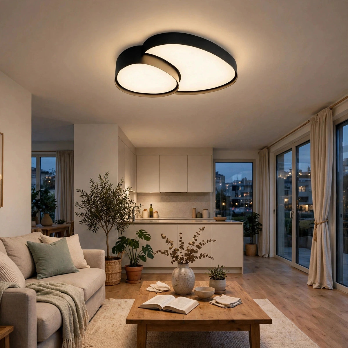 Modern two-ring flush mount ceiling light with a black frame and warm white glow, installed in a contemporary living room with a wooden coffee table, beige sofa, and large windows.