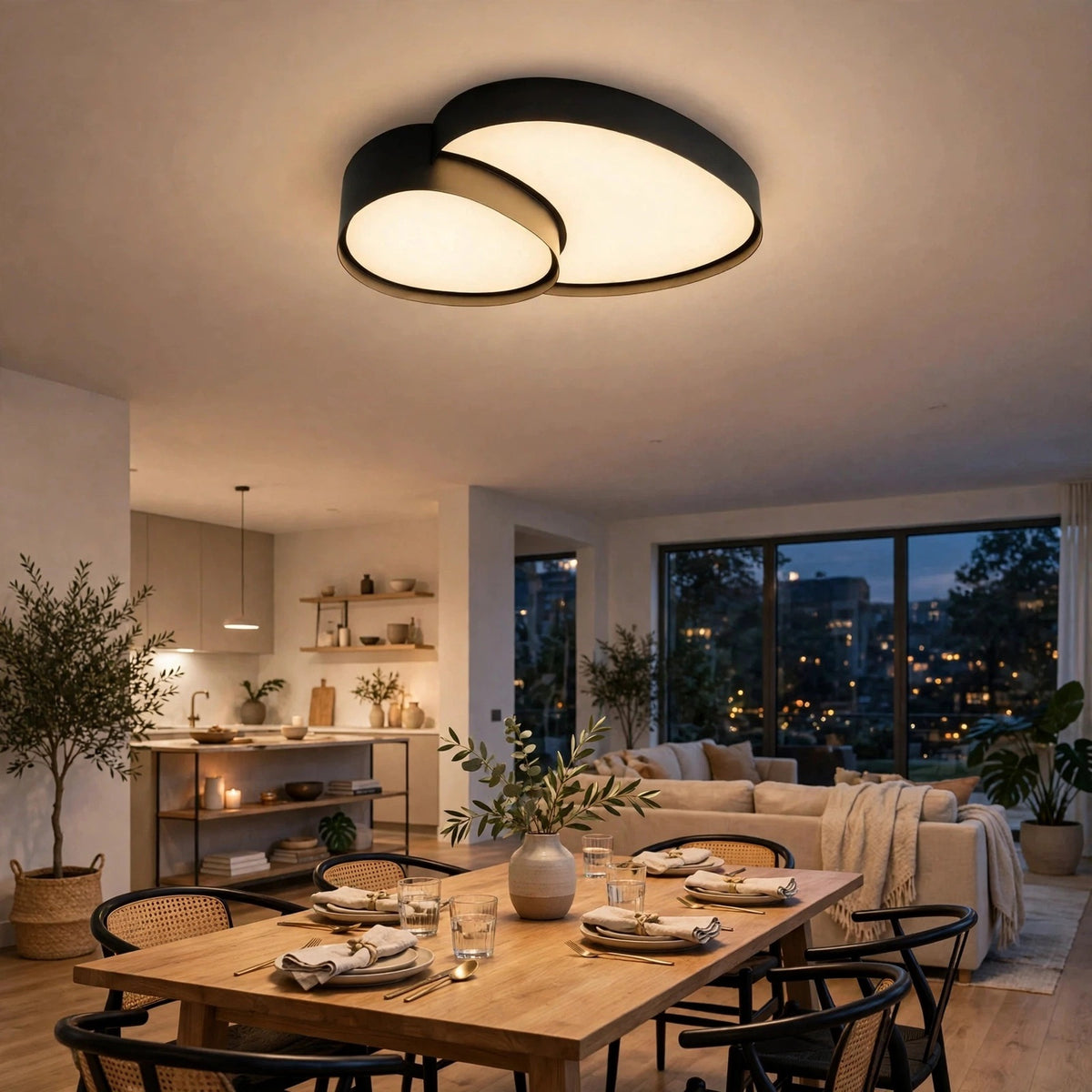 A modern two-light cluster ceiling fixture with black metal frames and warm white glowing diffusers, installed in a contemporary dining room above a wooden table set for dinner.