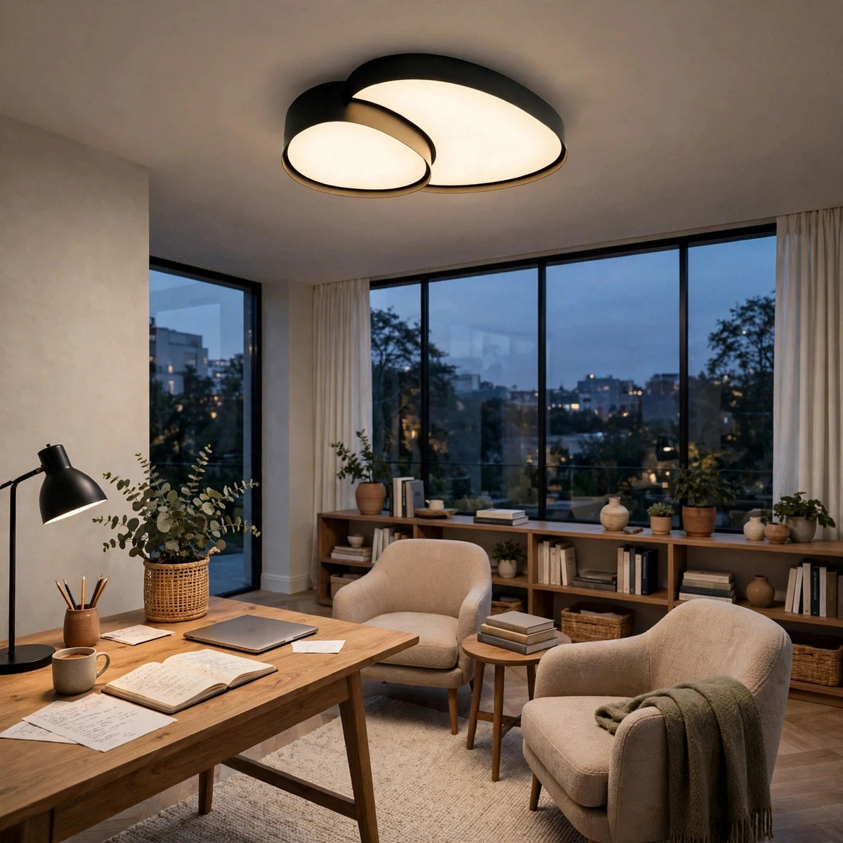 Black flush-mount ceiling light with overlapping rounded illuminated panels above a wooden desk and cream armchairs beside large windows at dusk.