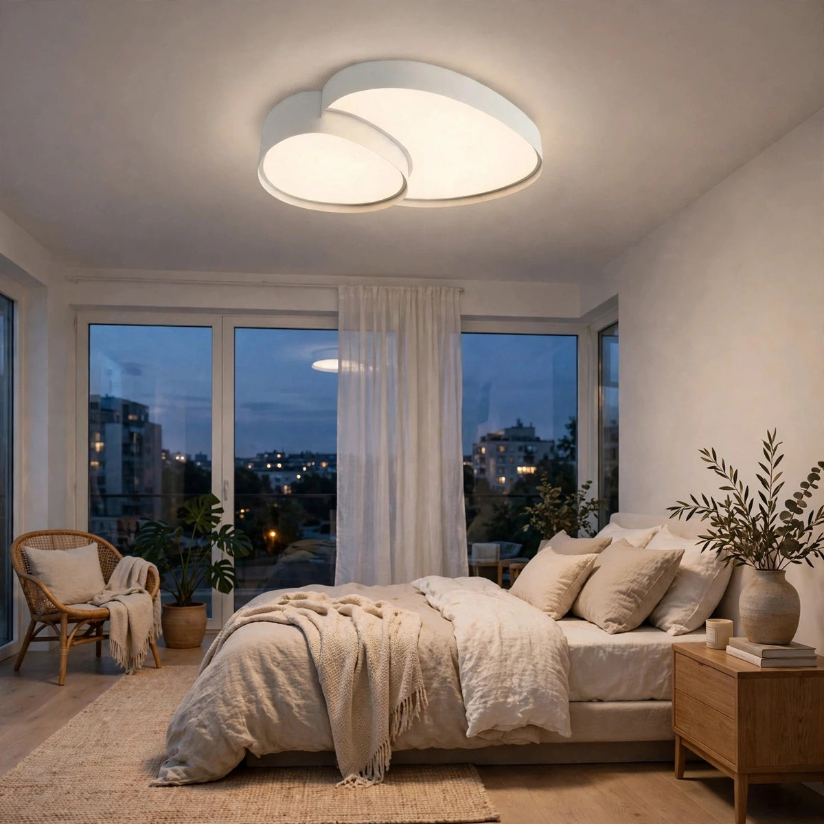 A modern two-light ceiling fixture with a white curved, overlapping design hangs in a beautifully styled bedroom with beige bedding, a wooden nightstand, and large windows overlooking a city skyline at dusk.