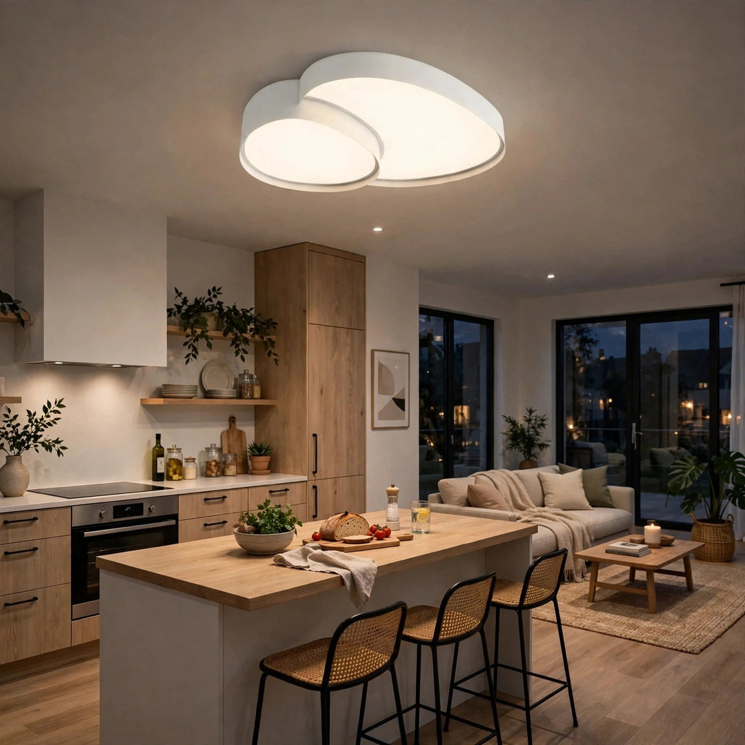 Modern two-light cluster ceiling fixture in a bright, contemporary kitchen and living room setting.