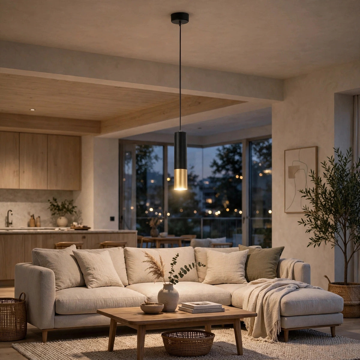 A modern black pendant light with a brushed gold cylindrical diffuser hangs over a beige sectional sofa in a warm, contemporary living room.