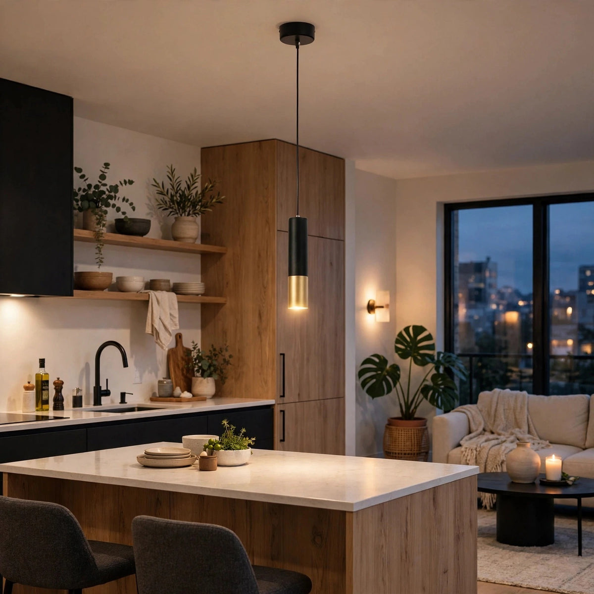A modern kitchen island with a white stone countertop and light wood base, set in a contemporary open-plan kitchen and living area. A black pendant light hangs above the island, and a large window in the background shows a city skyline at dusk.