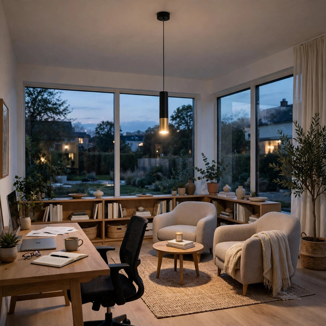A black cylindrical pendant light with a glowing gold-colored tip hangs in a home office with beige armchairs and large windows.