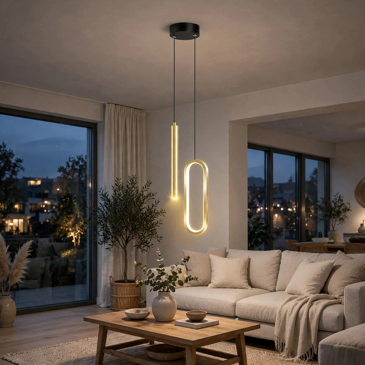 A modern two-light pendant fixture hangs in a softly lit living room. The fixture has a matte black ceiling mount and two slim vertical tubes: one rectangular bar and one rounded elongated loop, both glowing warm white.