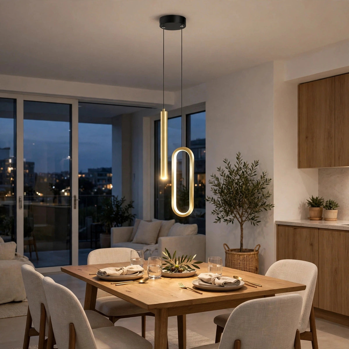 A modern two-light pendant lamp hangs over a wooden dining table in a staged dining room. The lamp features one slim cylindrical light bar and one elongated oval light bar, both glowing with a warm golden light.