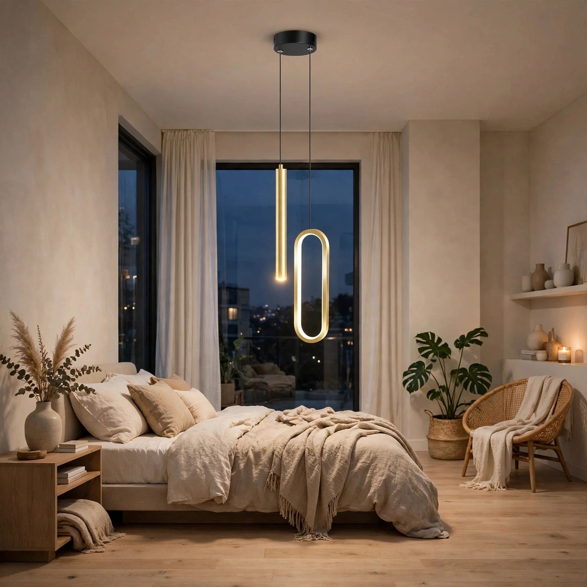 A modern bedroom interior with a glowing linear pendant light hanging above a bed. The room has warm neutral walls, beige bedding, wood flooring, a window at dusk, plants, shelves, and a wicker chair with a throw blanket.