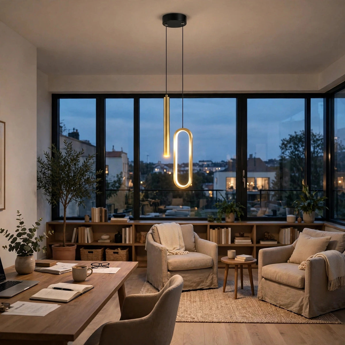 A modern two-light pendant fixture hangs in a stylishly decorated living room with a large window overlooking a city view at dusk. The fixture features one slim cylindrical gold-toned light bar and one larger rounded rectangular open-frame gold-toned light bar, both glowing warmly.