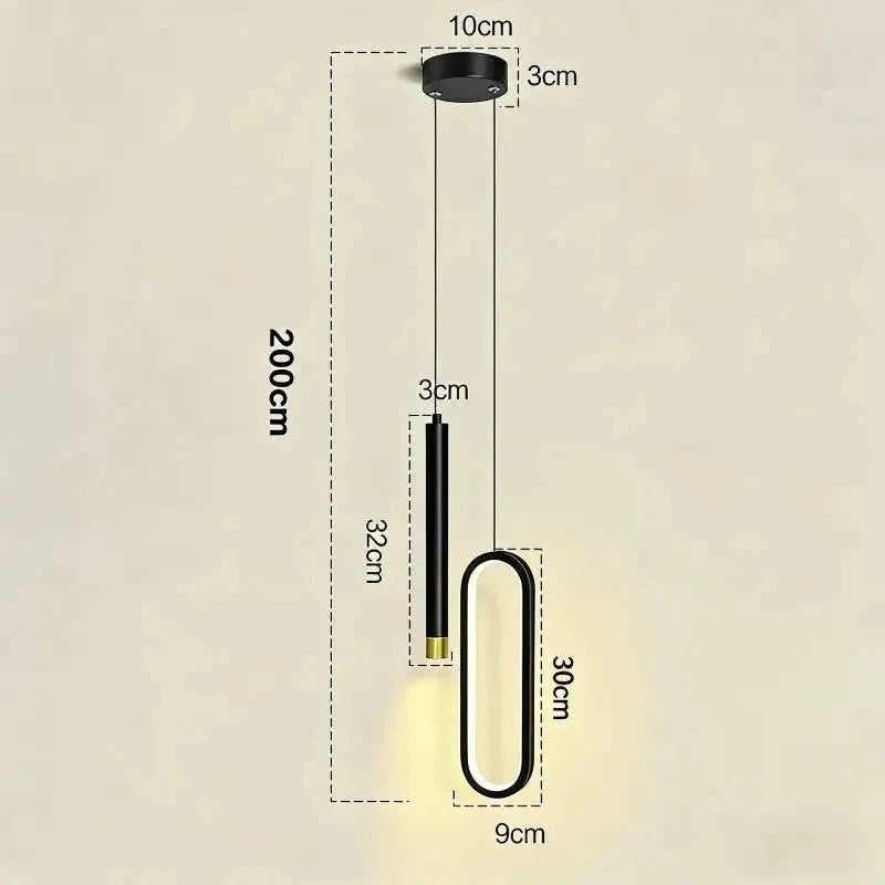A black modern pendant light with a long cylindrical shade and a large rounded rectangular shade, shown with dimension labels on a plain beige background. The image includes measurements for total height, lamp width, and individual shade dimensions.