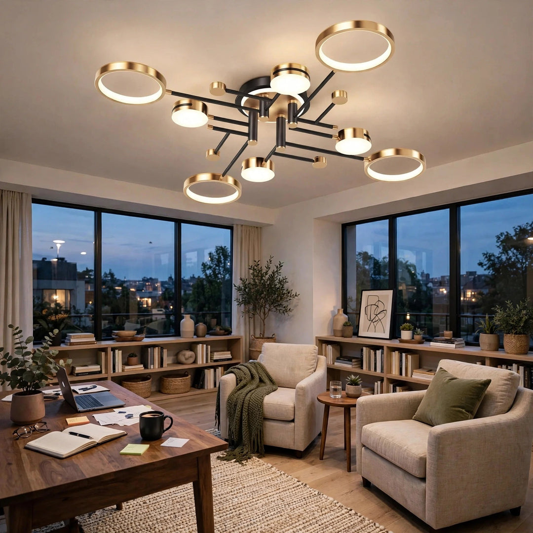 A ceiling light with gold circular rims and black arms glows above a wooden desk and cream armchairs beside large windows.