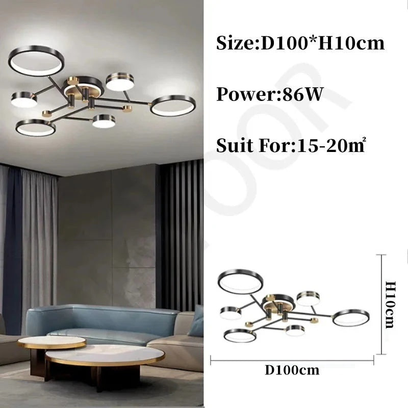 Modern multi-arm ceiling light fixture with circular LED rings and a brushed metal finish, shown installed in a living room and also as a product diagram with dimensions and text listing size, power, and suitability.
