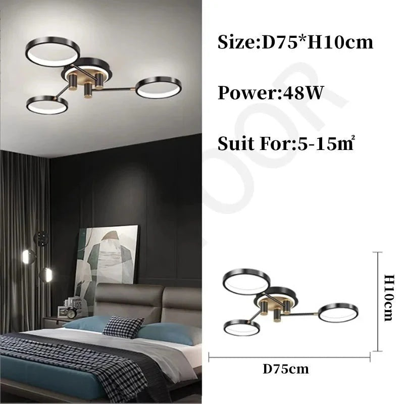 Ceiling light fixture with dimensions and power rating displayed on a bedroom background
