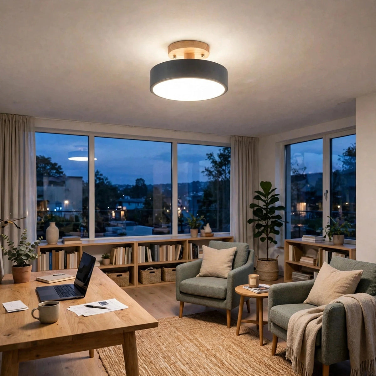A modern semi-flush mount ceiling light with a circular black shade and a light wood top, glowing in a cozy, well-lit living room with green armchairs, a wooden desk, and large windows overlooking a city at dusk.