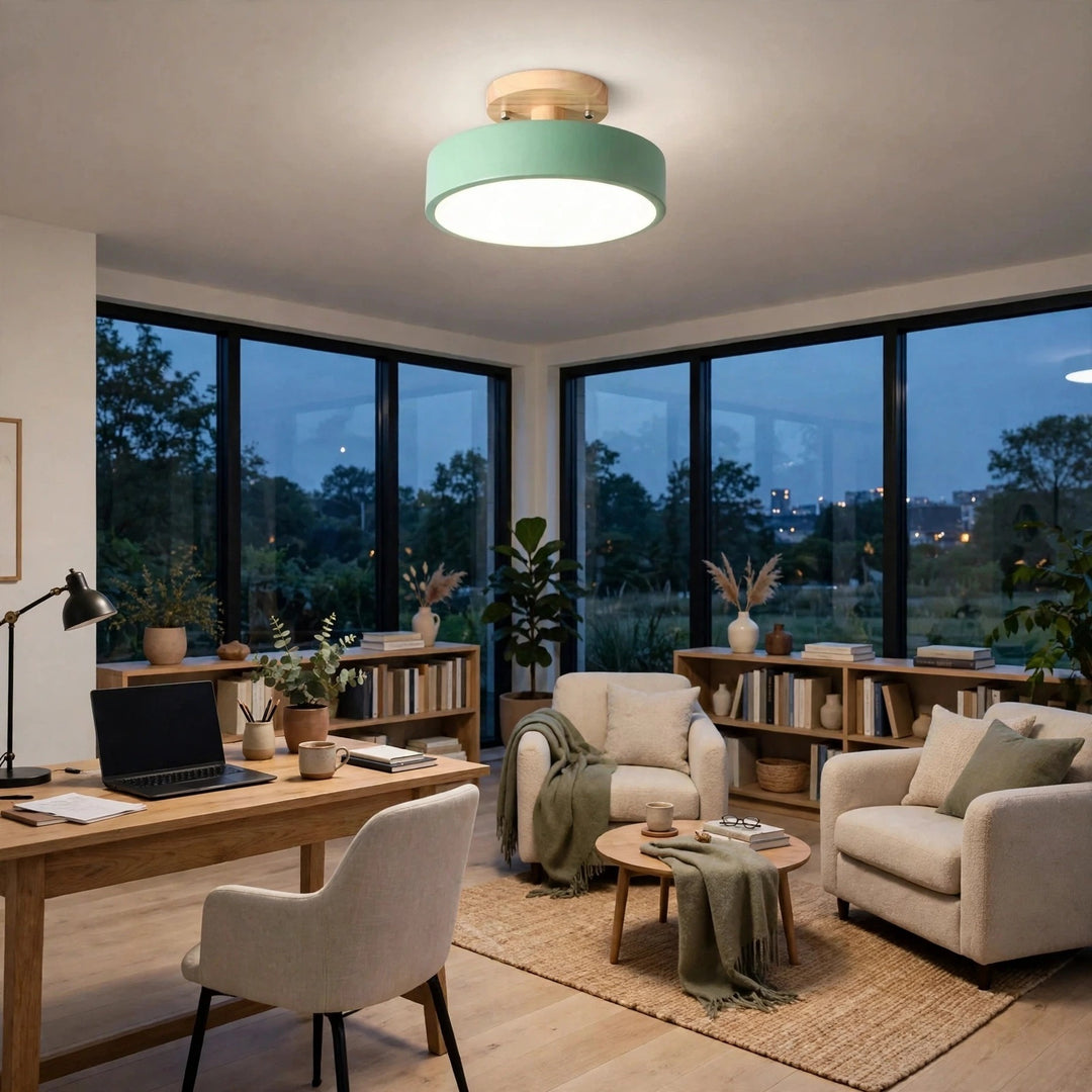 A modern semi-flush mount ceiling light with a mint green cylindrical shade and a gold-toned ceiling mount, glowing in a bright, contemporary living room with large windows and outdoor views.