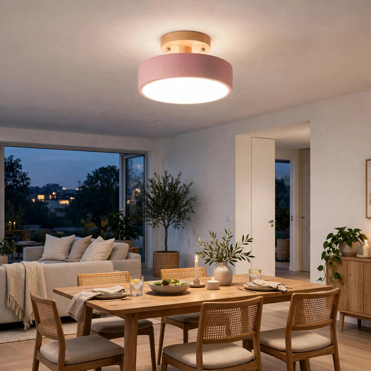 A modern flush-mount ceiling light with a pink cylindrical shade and a light wood top, glowing in a warm light within a contemporary dining room and living room setting.