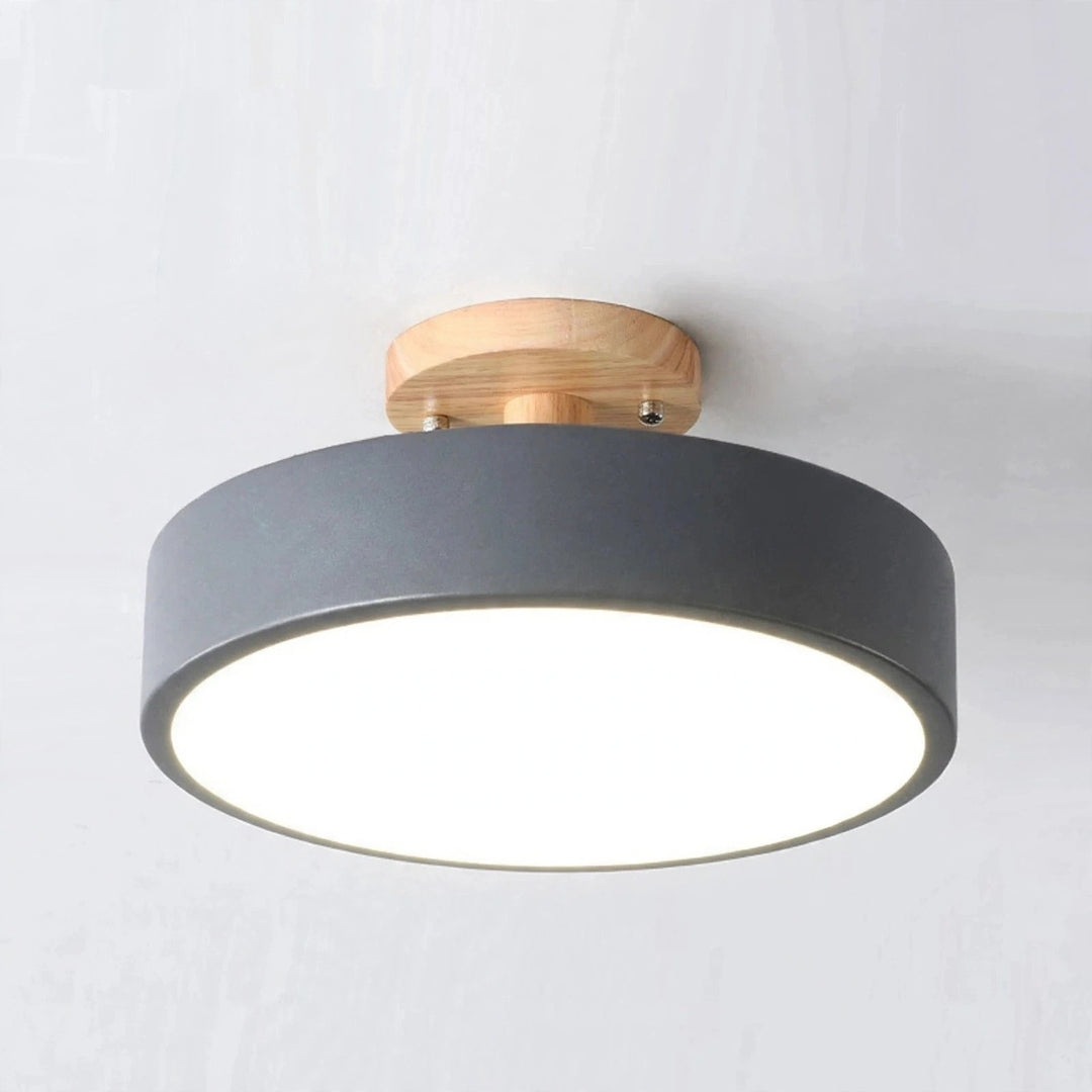A modern semi-flush mount ceiling light with a matte dark gray cylindrical shade, a natural wood ceiling canopy, and a bright white diffuser, shown against a plain light gray wall.
