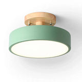 A modern semi-flush mount ceiling light with a matte sage green cylindrical shade and a natural wood ceiling mount, shown illuminated against a plain white background.