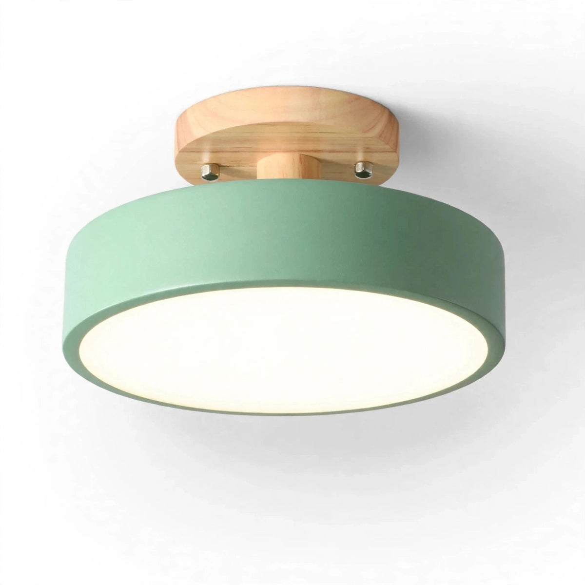 A modern semi-flush mount ceiling light with a matte sage green cylindrical shade and a natural wood ceiling mount, shown illuminated against a plain white background.