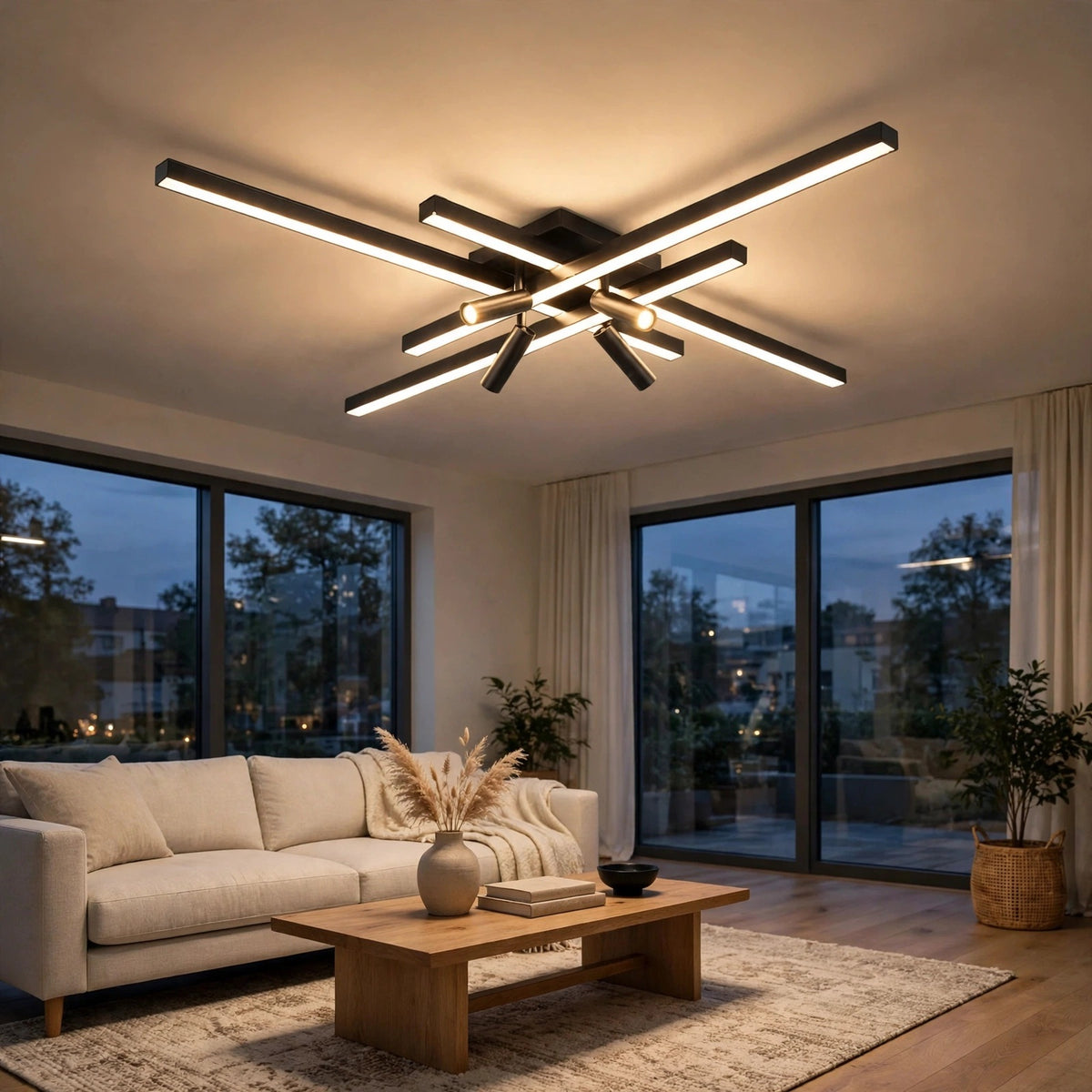 Black crossed linear-bar ceiling light with small spotlights glowing in a modern living room at dusk, above a beige sofa and wooden coffee table.