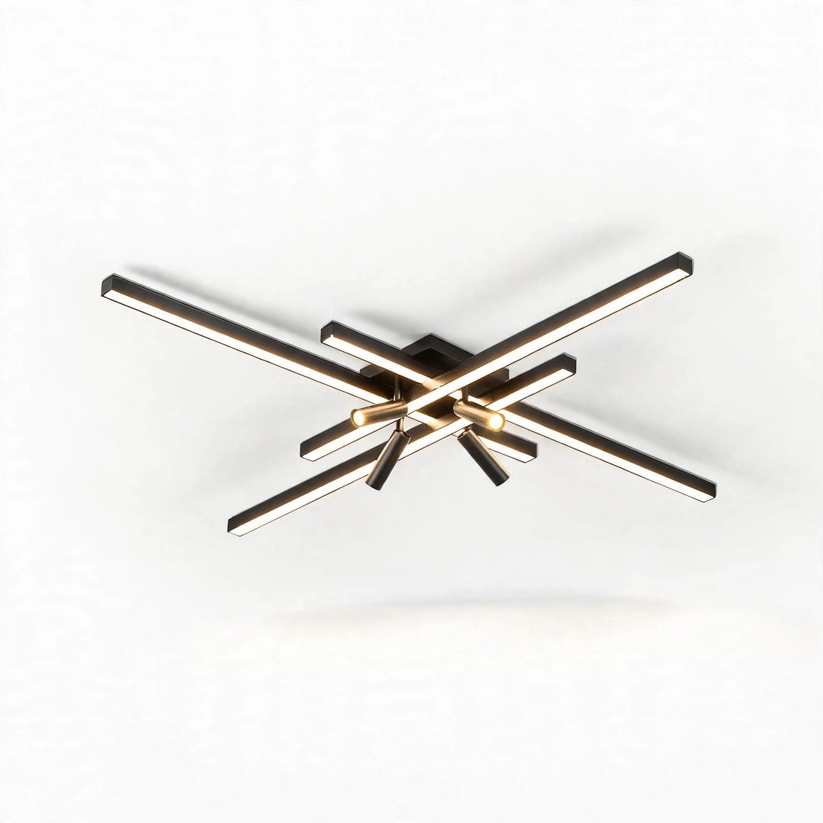 Black crossed linear-bar ceiling light with glowing light bars and dark cylindrical spotlights against a plain white background.
