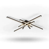 Black crossed linear-bar ceiling light with glowing bars and dark cylindrical spotlights on a white background.
