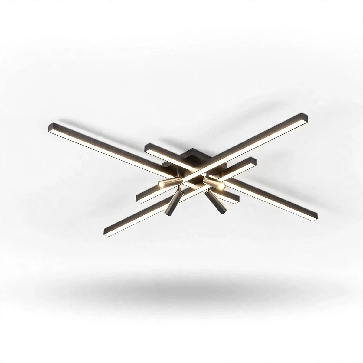 Black crossed linear-bar ceiling light with glowing bars and dark cylindrical spotlights on a white background.