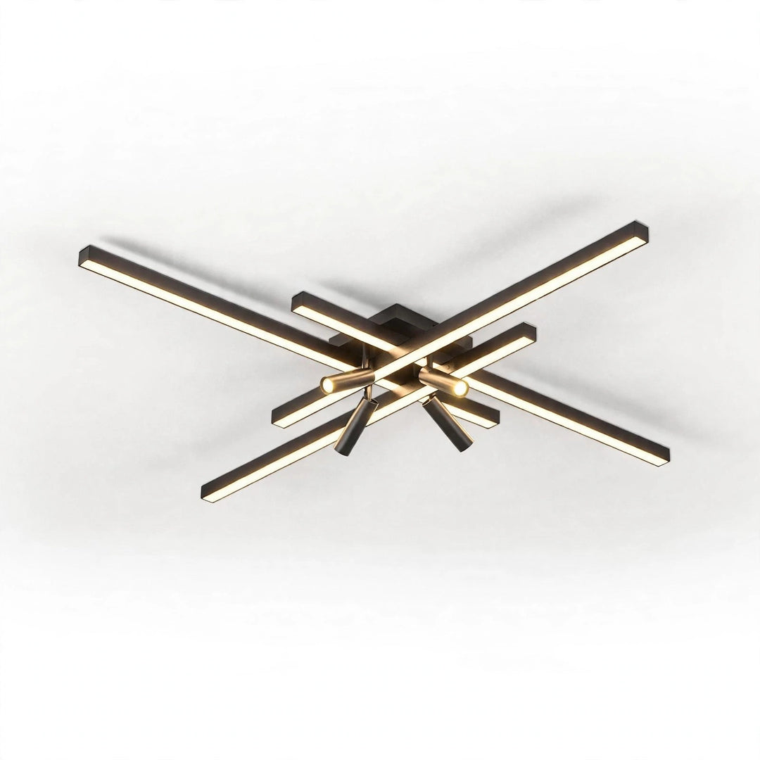 Black crossed linear-bar ceiling light with glowing bars and warm-lit cylindrical spotlights on a plain white background.