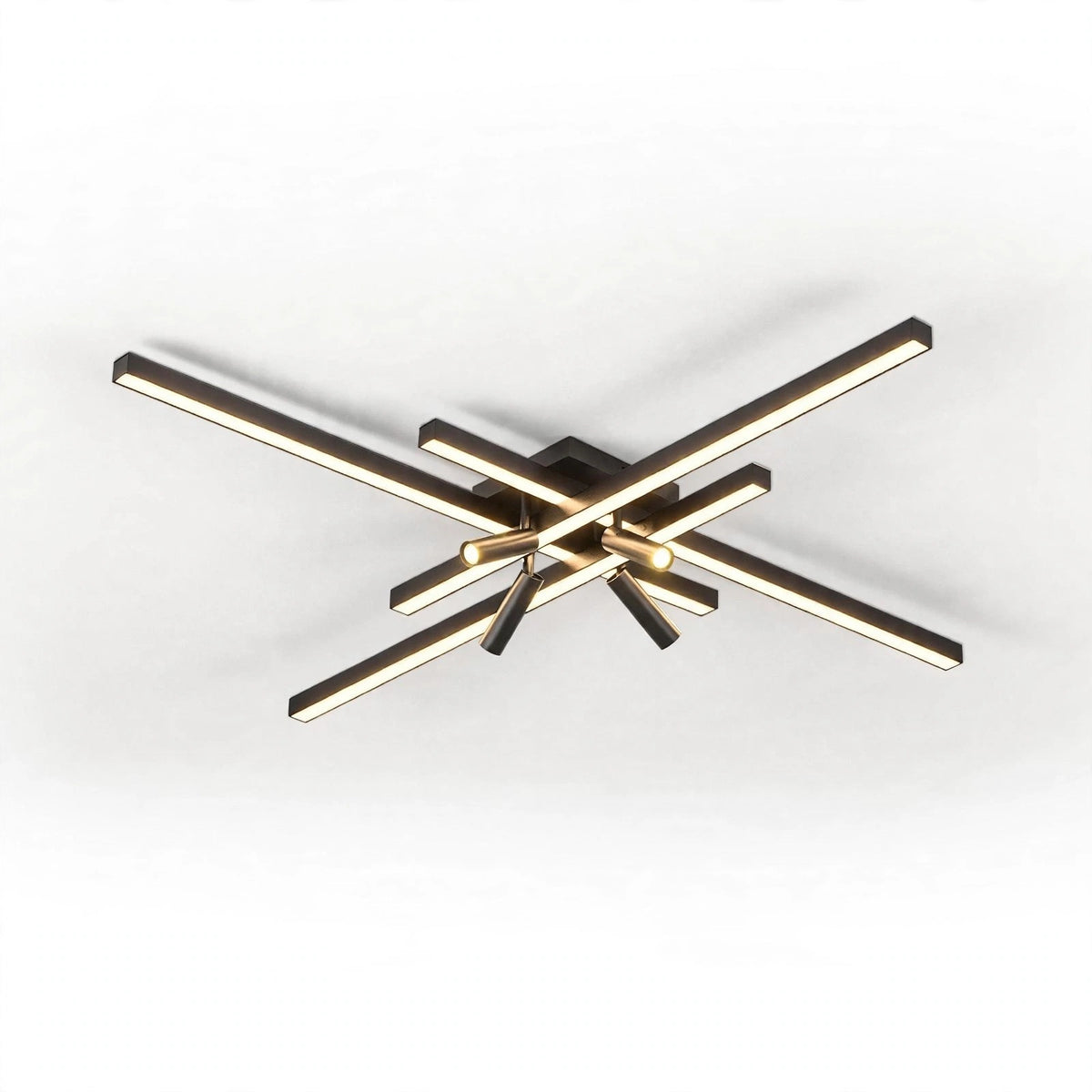 Black crossed linear-bar ceiling light with glowing bars and warm-lit cylindrical spotlights on a plain white background.