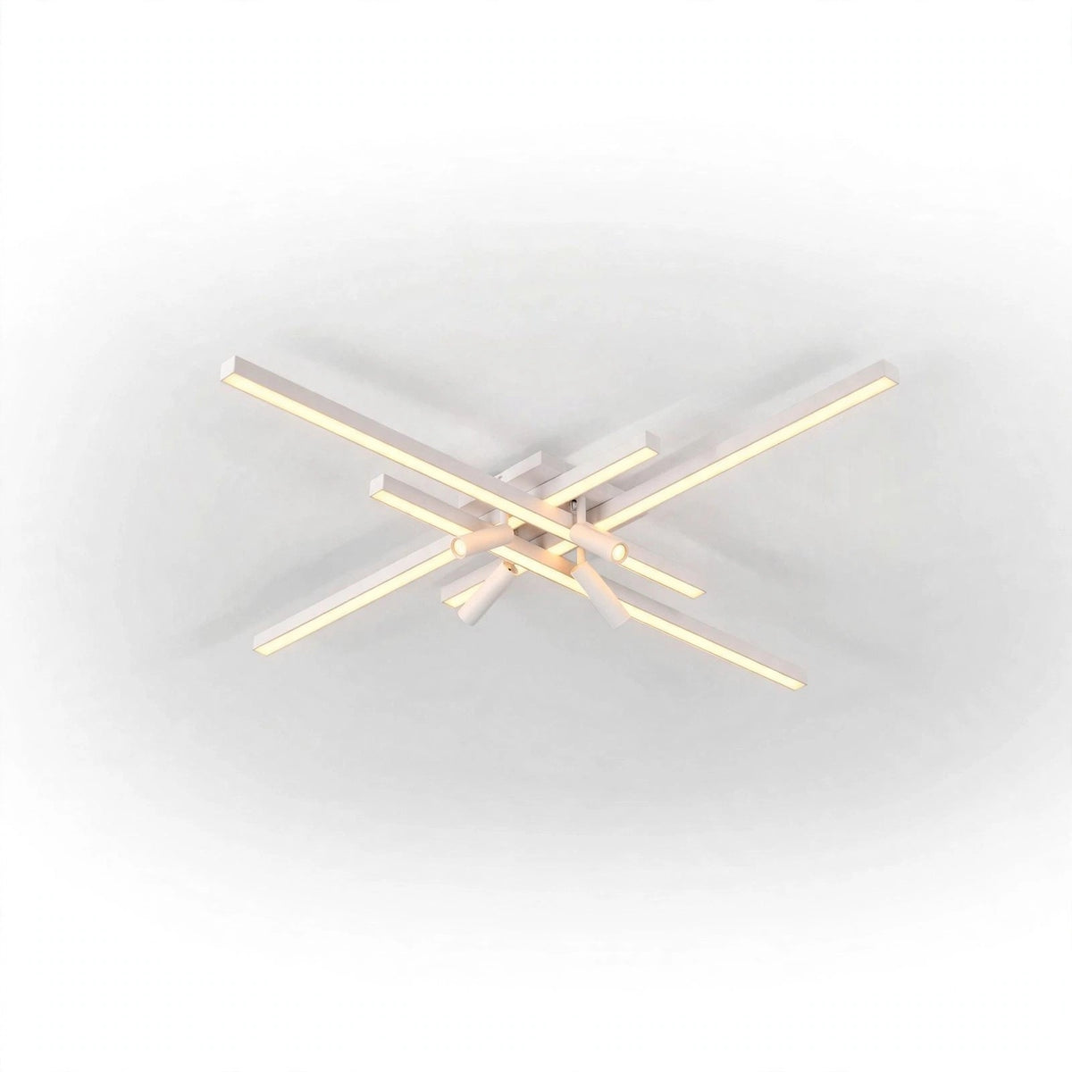 White ceiling light with intersecting straight bars glowing pale yellow against a white background.