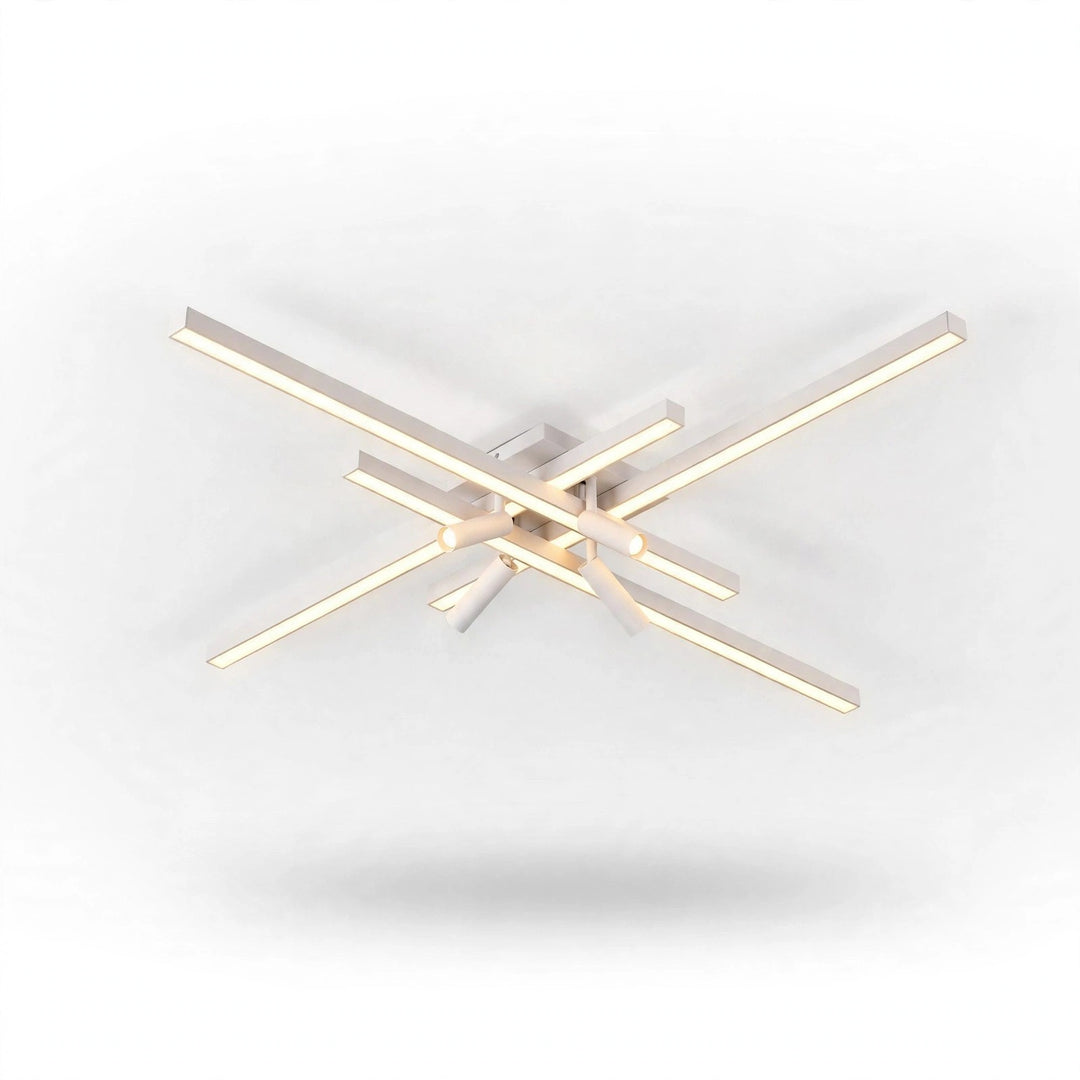 White geometric ceiling light with overlapping illuminated bars and a rectangular mounting plate against a white background.
