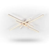 White geometric ceiling light with overlapping illuminated bars and a rectangular mounting plate against a white background.