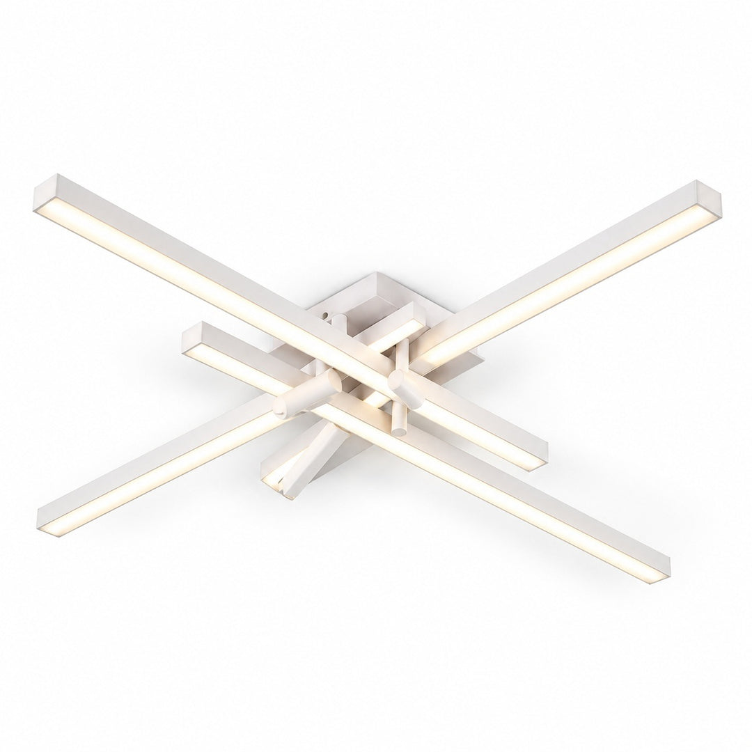 Close-up of a white ceiling light with crisscrossed illuminated bars and a rectangular mounting plate against a white background.