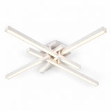 Close-up of a white ceiling light with crisscrossed illuminated bars and a rectangular mounting plate against a white background.