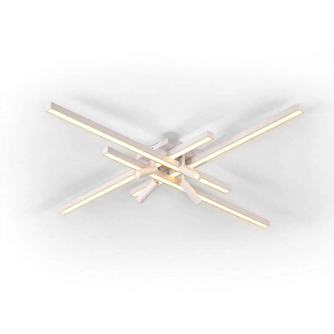 White ceiling light with long and short intersecting bars casting a warm glow against a white background.