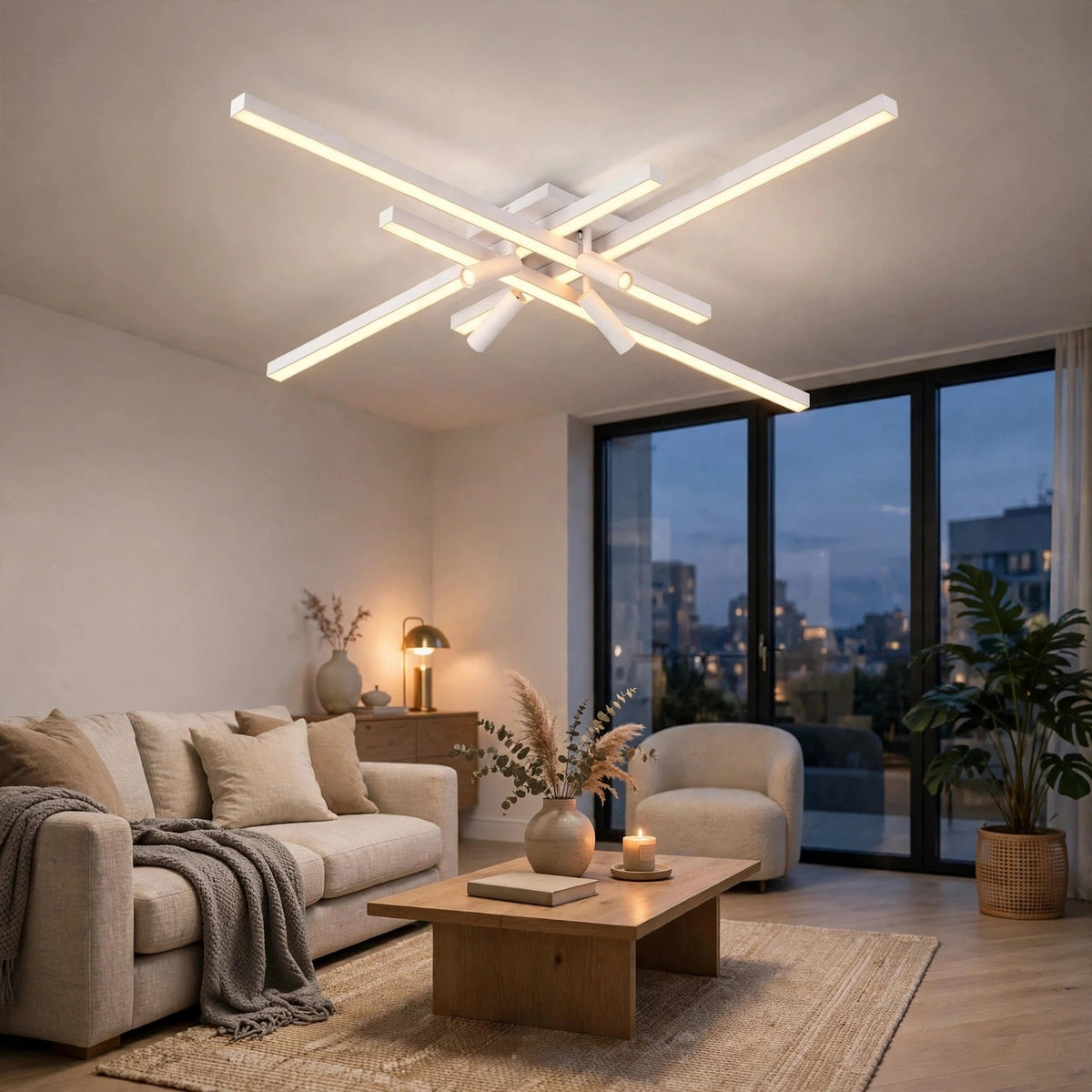 Modern multi-arm LED ceiling light fixture in white, shown installed in a bright contemporary living room with a sofa, coffee table, and large windows overlooking a city skyline at dusk.