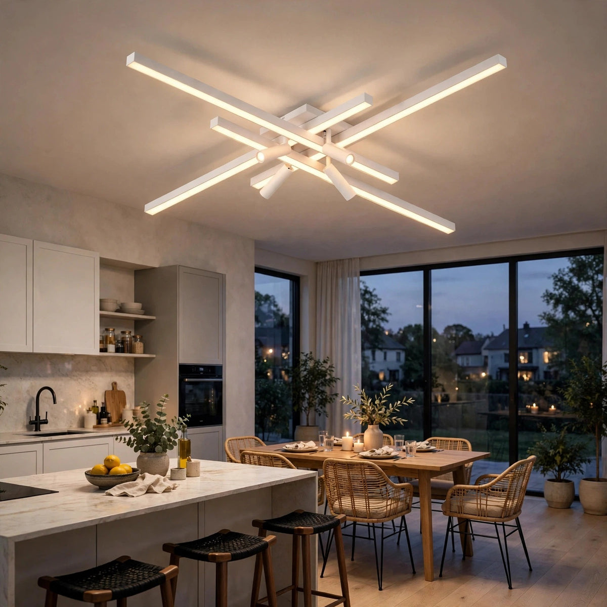A modern multi-light linear ceiling fixture with a white cross-like geometric design, installed in a contemporary kitchen and dining room at dusk.
