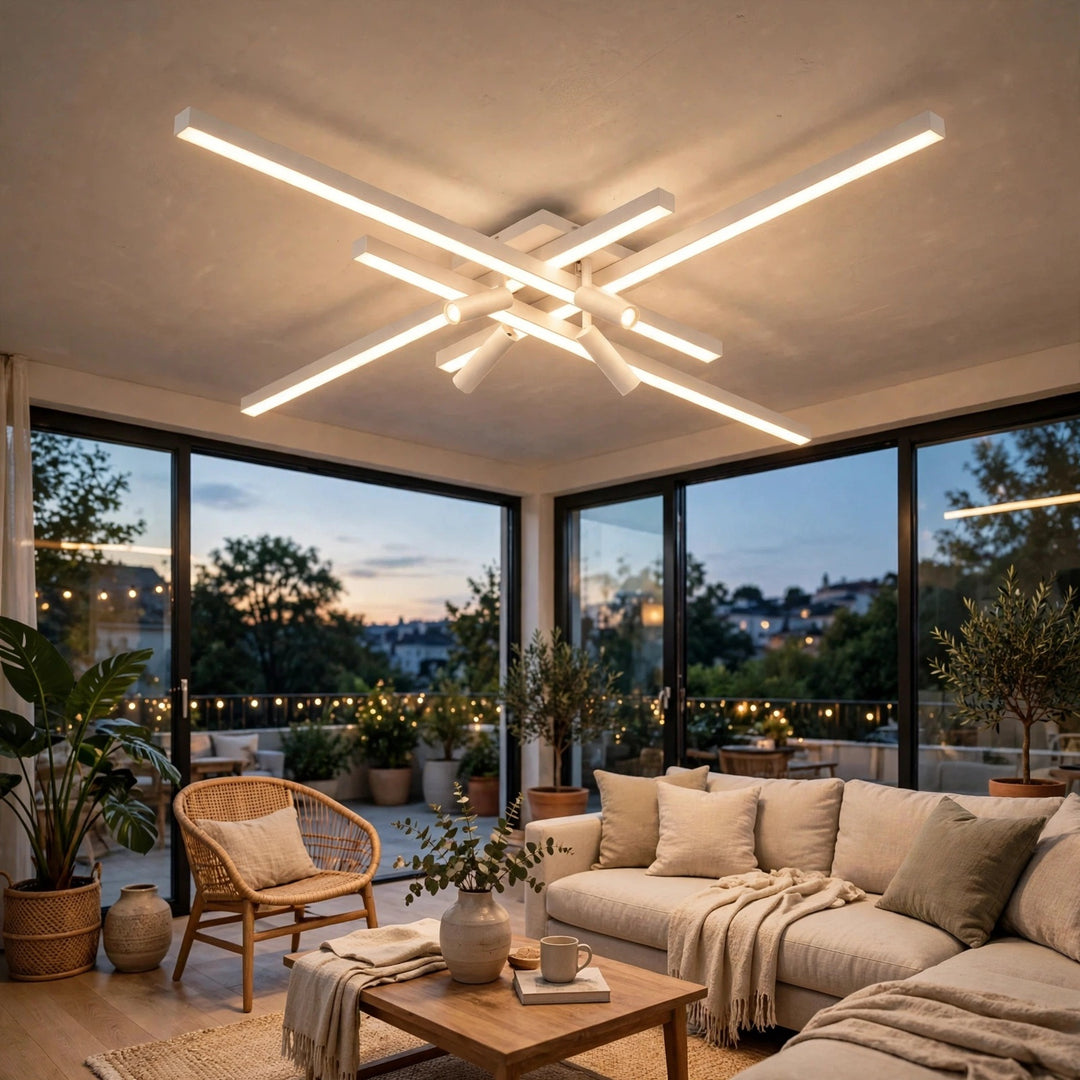 Modern geometric ceiling light fixture with multiple linear LED tubes in a white finish, mounted on the ceiling of a contemporary living room with large windows overlooking a garden at dusk.