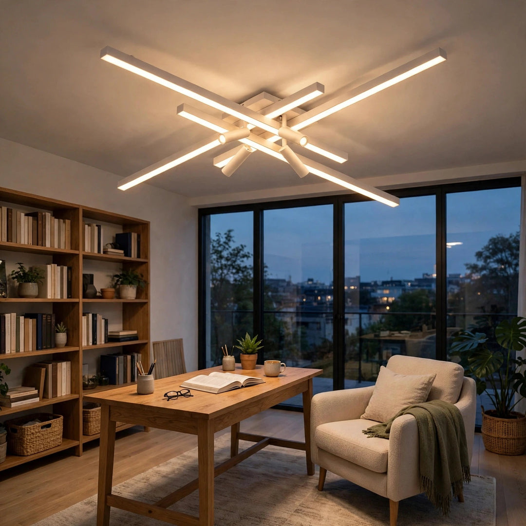 White crossed linear-bar ceiling light with spotlights glowing in a home office with a wooden desk, bookshelf, and armchair.