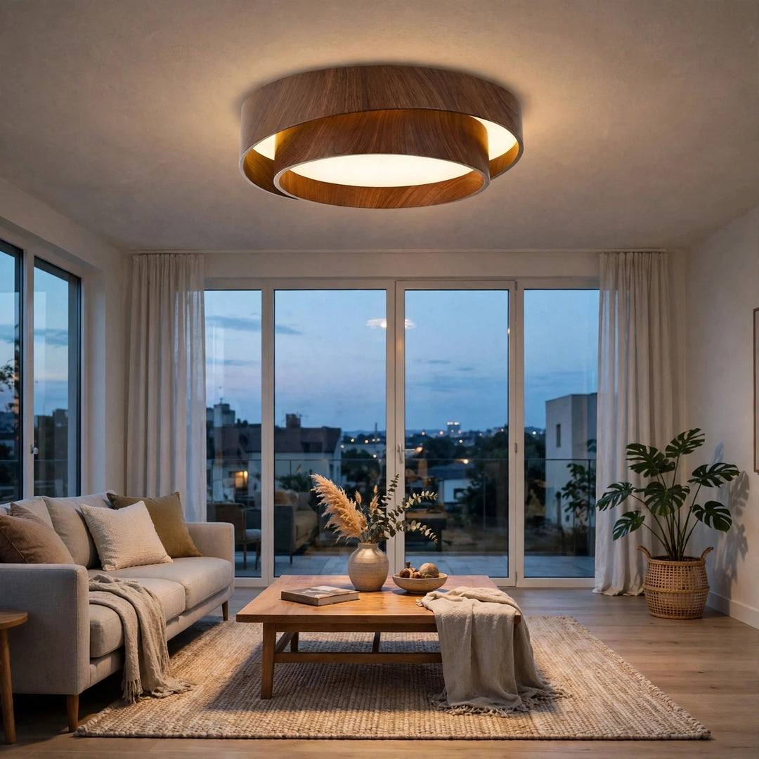 A modern circular ceiling light fixture with a natural wood outer ring and a glowing white inner diffuser, installed in a bright, contemporary living room with large windows and a sofa.