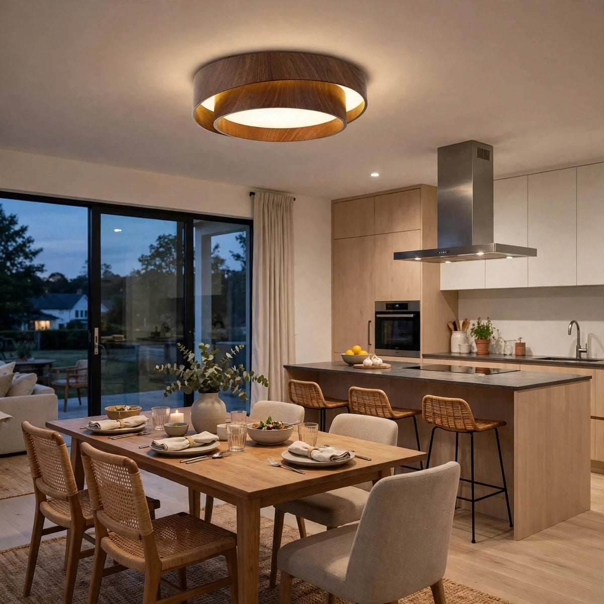 A modern circular ceiling light with a dark wood frame and warm glowing LED light, installed in a contemporary dining and kitchen room.