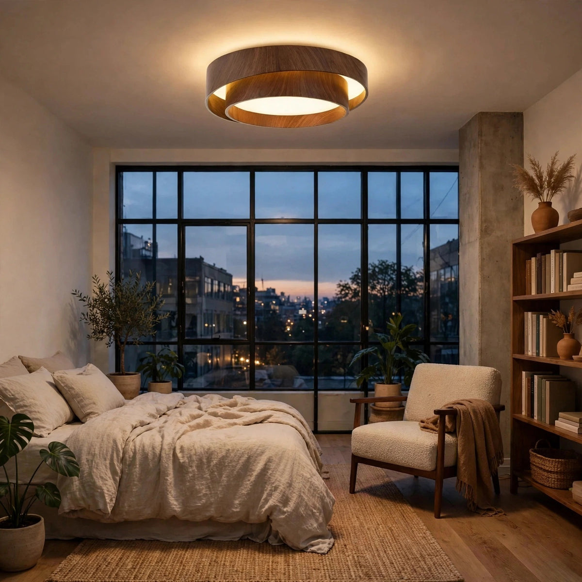 A modern circular ceiling light with a dark wood ring and warm white glow, installed in a stylish, cozy bedroom with a large window overlooking a city skyline at dusk.