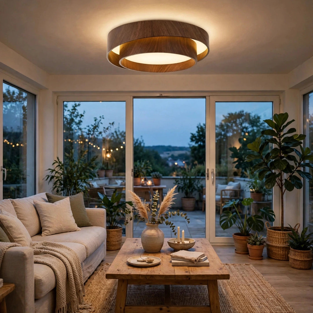 A modern circular ceiling light with a warm wood outer ring and glowing white inner ring, installed in a bright, modern living room with large windows overlooking a patio at dusk.