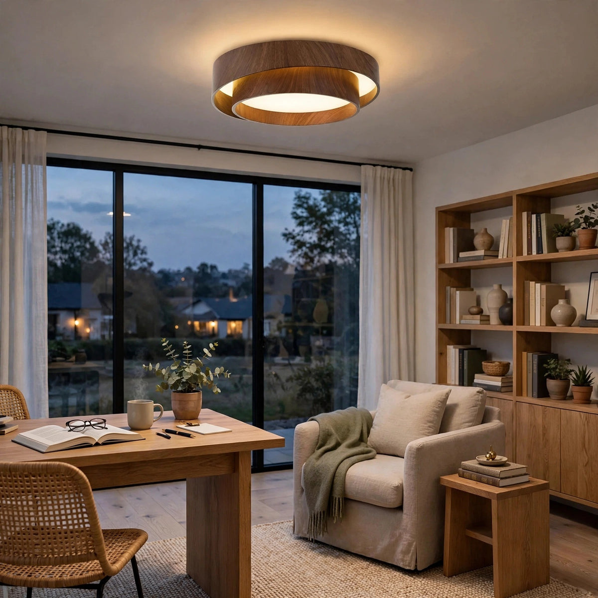 A modern circular ceiling light with a warm wood-grain outer ring and glowing white inner ring, installed in a cozy, contemporary home office with a desk, armchair, and bookshelves.