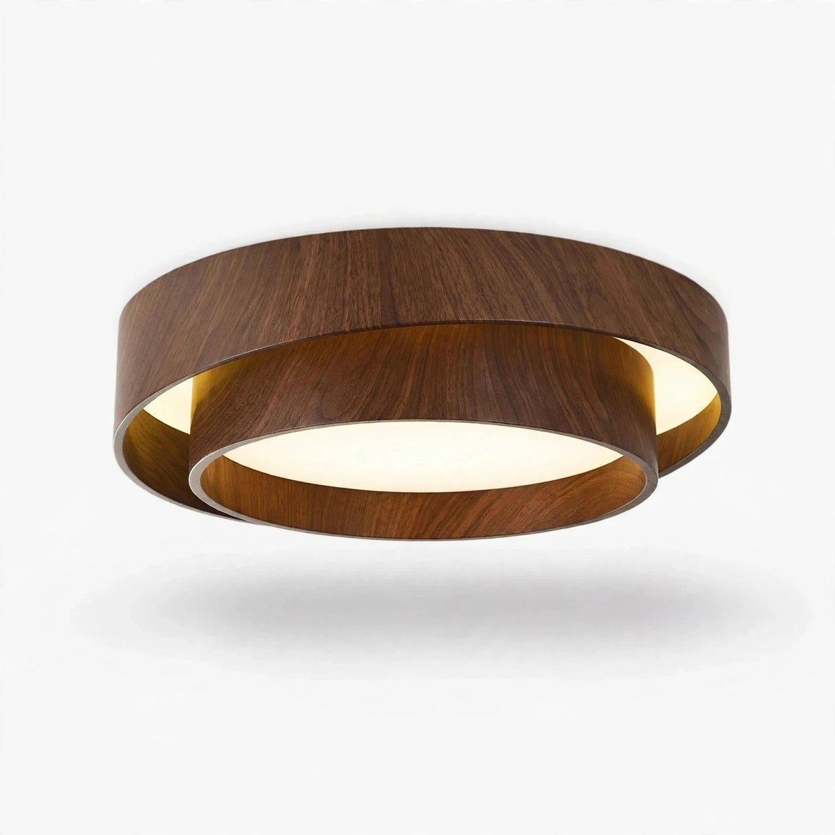 A modern flush-mount ceiling light fixture with a circular double-ring design, featuring a dark brown wood-grain outer shell and a warm white illuminated inner ring, shown against a plain white background.