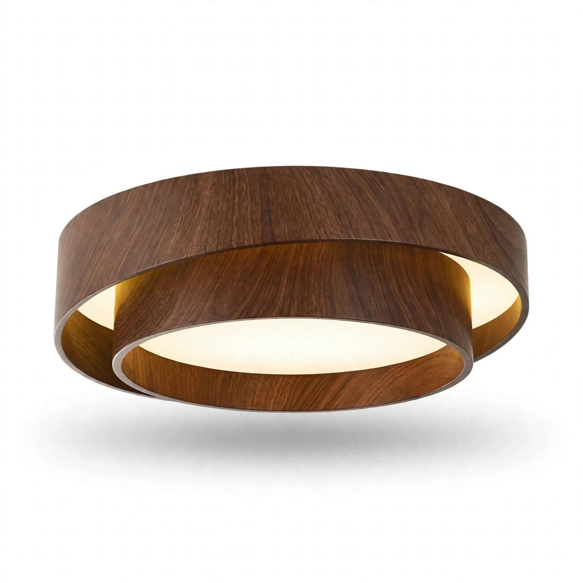 A modern circular flush-mount ceiling light fixture with a dark brown wood-grain outer ring and a warm white illuminated inner ring, shown against a plain white background.