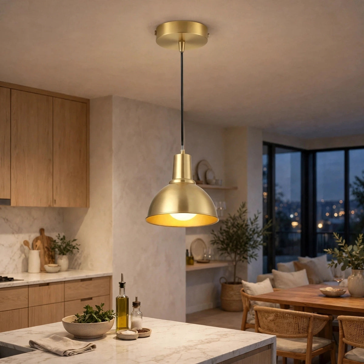 A modern brass pendant light with a conical dome shade hanging over a contemporary kitchen and dining area.