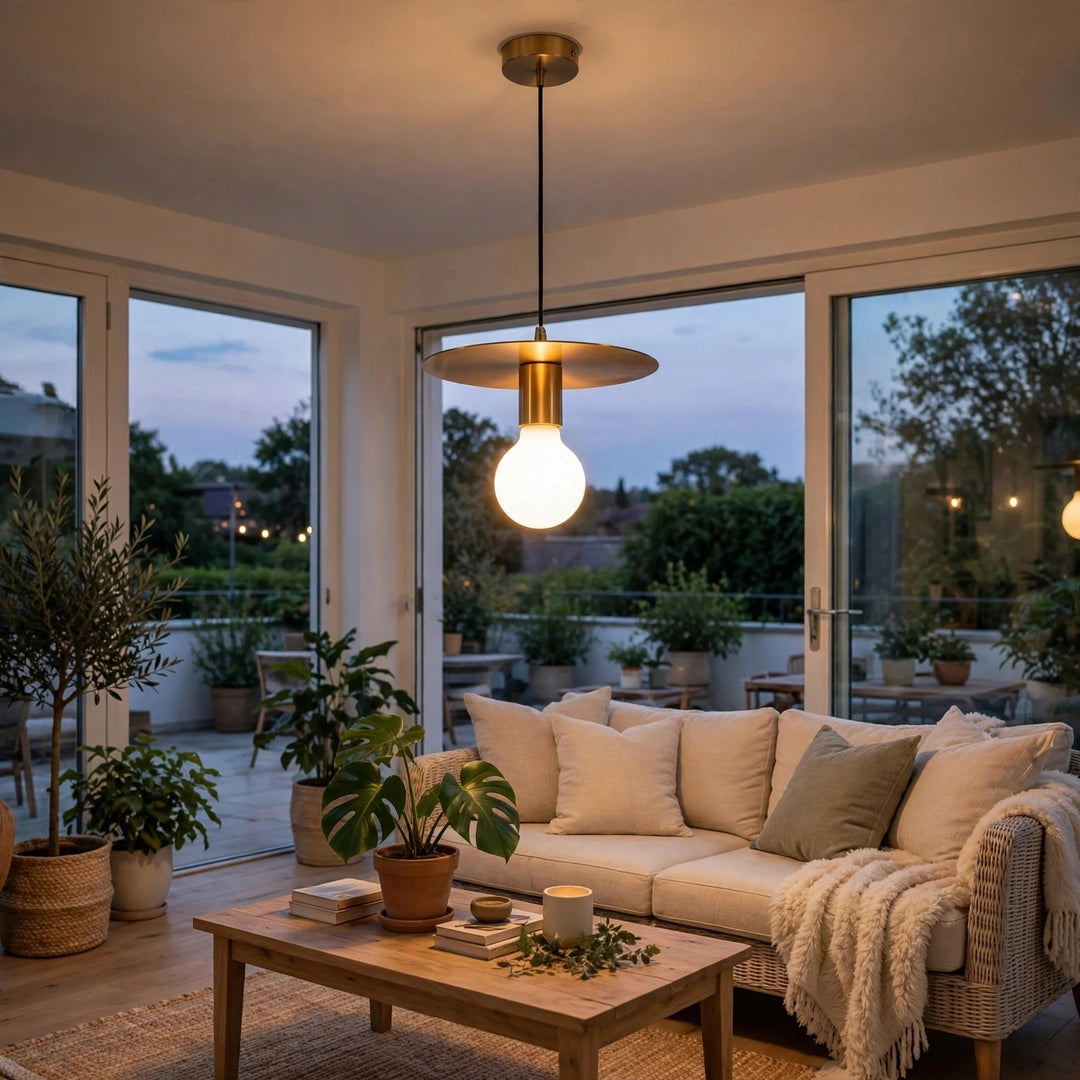 A modern pendant light with a brushed brass circular shade and a glowing white globe bulb hangs over a cozy living room with a beige sofa, wooden coffee table, and large windows overlooking a patio at dusk.