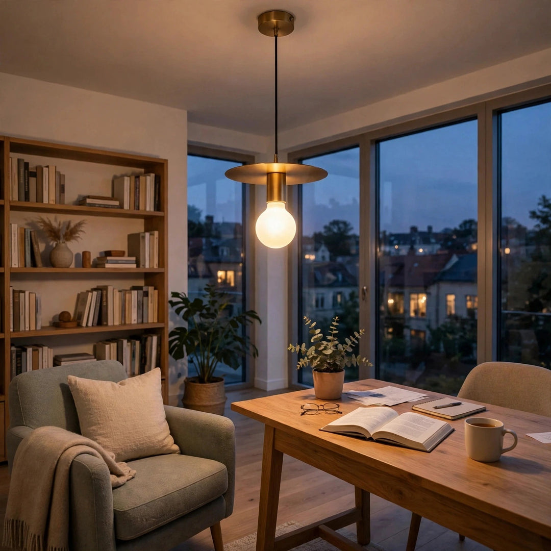 A modern pendant light with a brass-colored metal disc shade and a glowing spherical bulb, hanging over a wooden desk in a cozy, warmly lit home office with a bookshelf, armchair, and large windows showing a twilight city view.