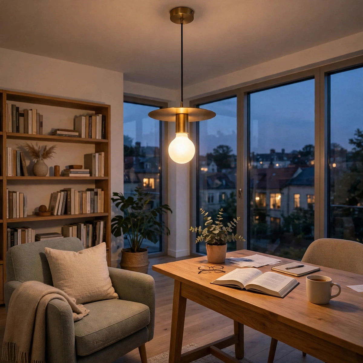 A modern pendant light with a brass-colored metal disc shade and a glowing spherical bulb, hanging over a wooden desk in a cozy, warmly lit home office with a bookshelf, armchair, and large windows showing a twilight city view.