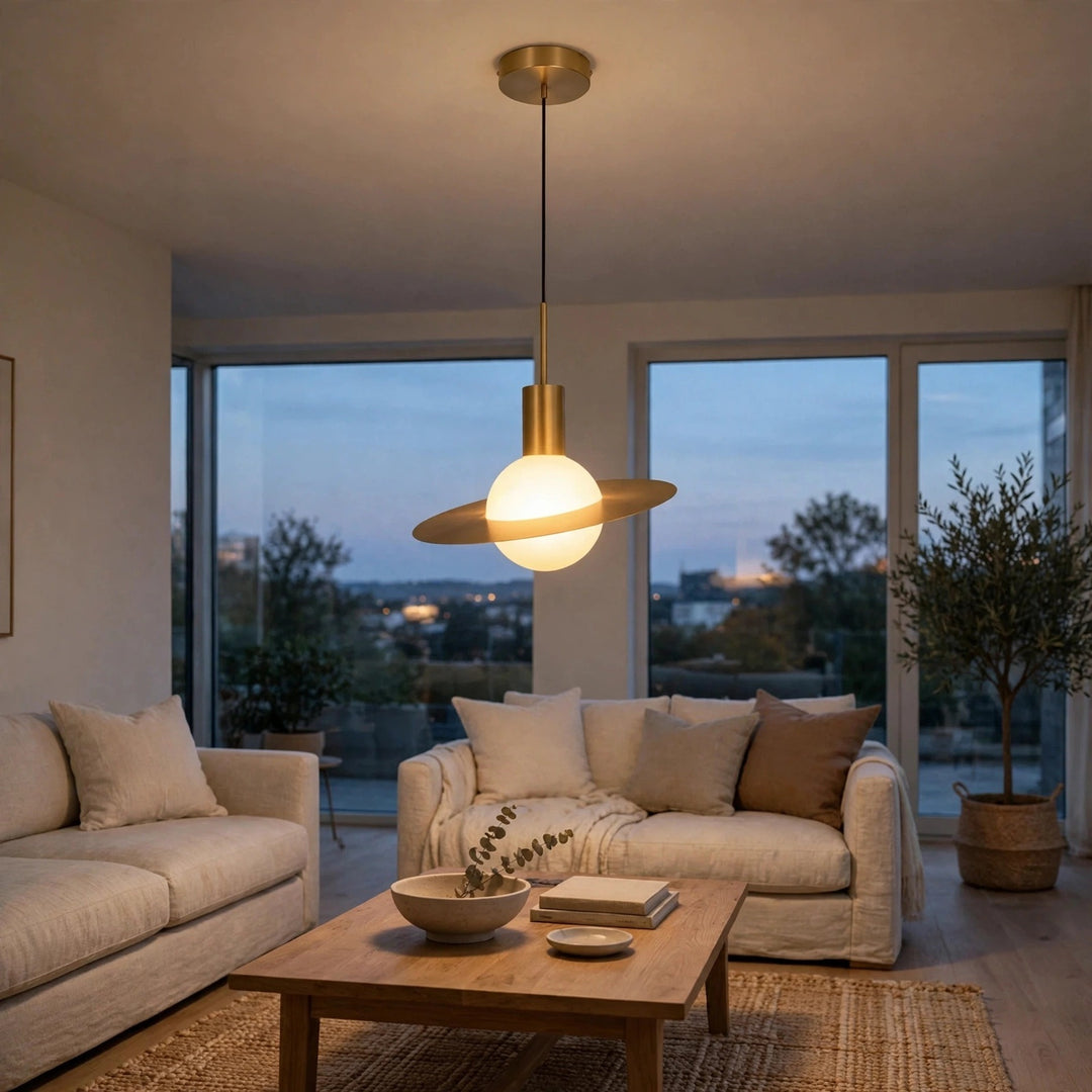 A modern pendant light with a brushed brass finish and a glowing frosted globe shade, suspended in a cozy, contemporary living room with beige sofas and large windows.